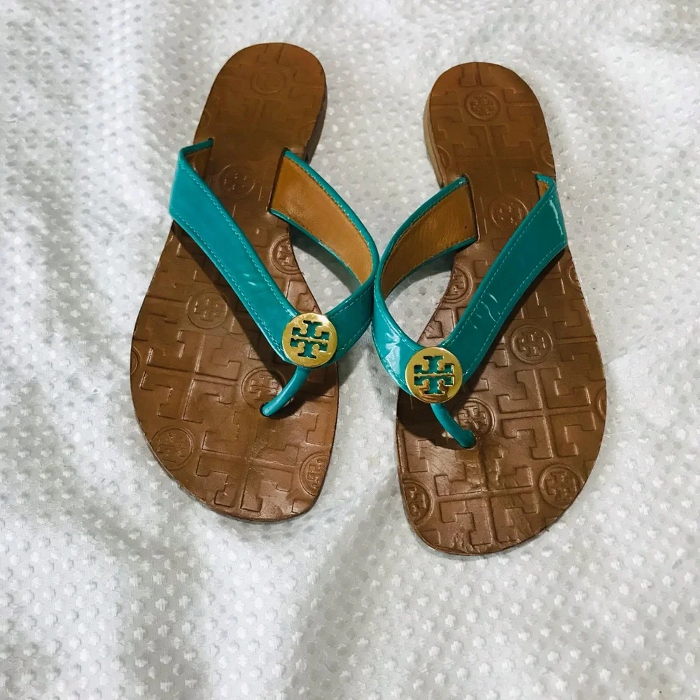 Tory Burch THORA Patent Flip Flops Sandals Shoes-turquoise Aqua Lizard